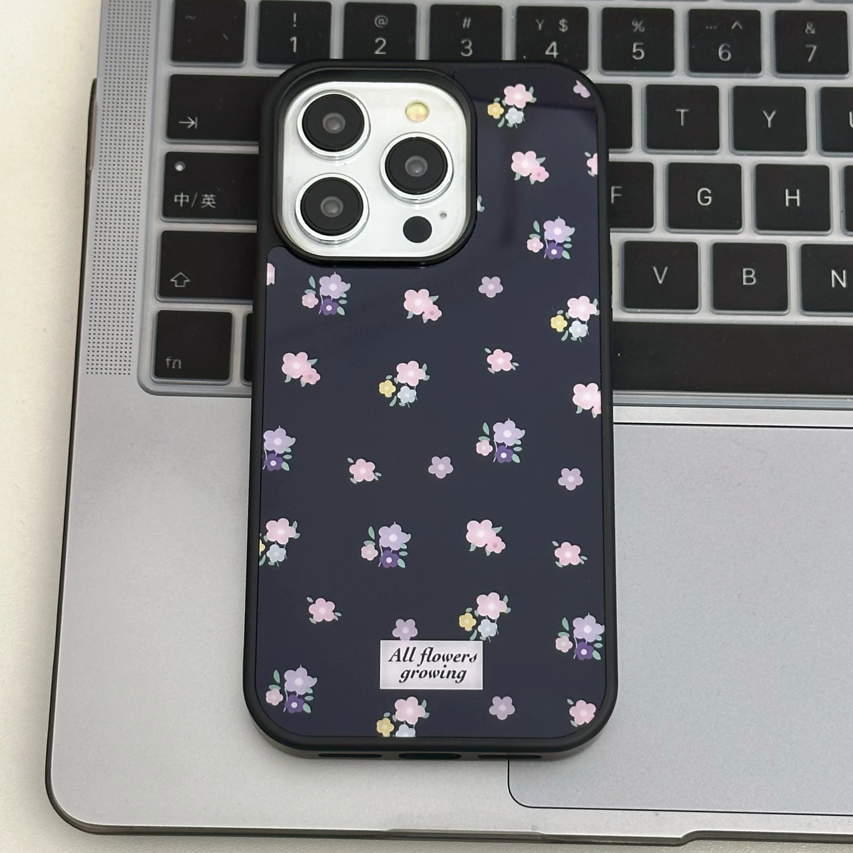 Korean INS Black Reinforced Edge Blue Floral Print Stylish