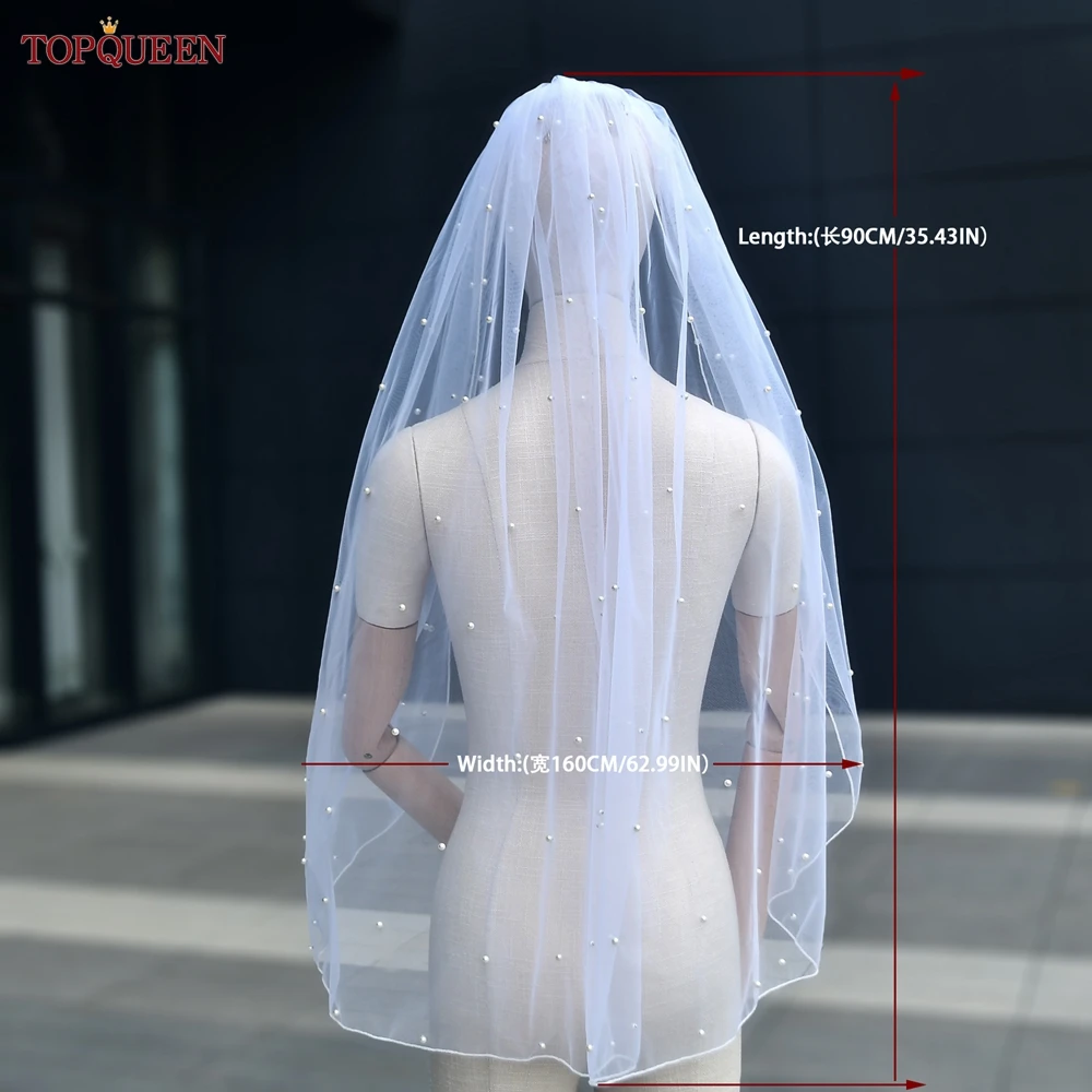 Short Bridal Veils Pearls Beaded Wedding Veil For Bachelorette Party Pencil Edge Elbow Length Veil 1 Tier Novio V06