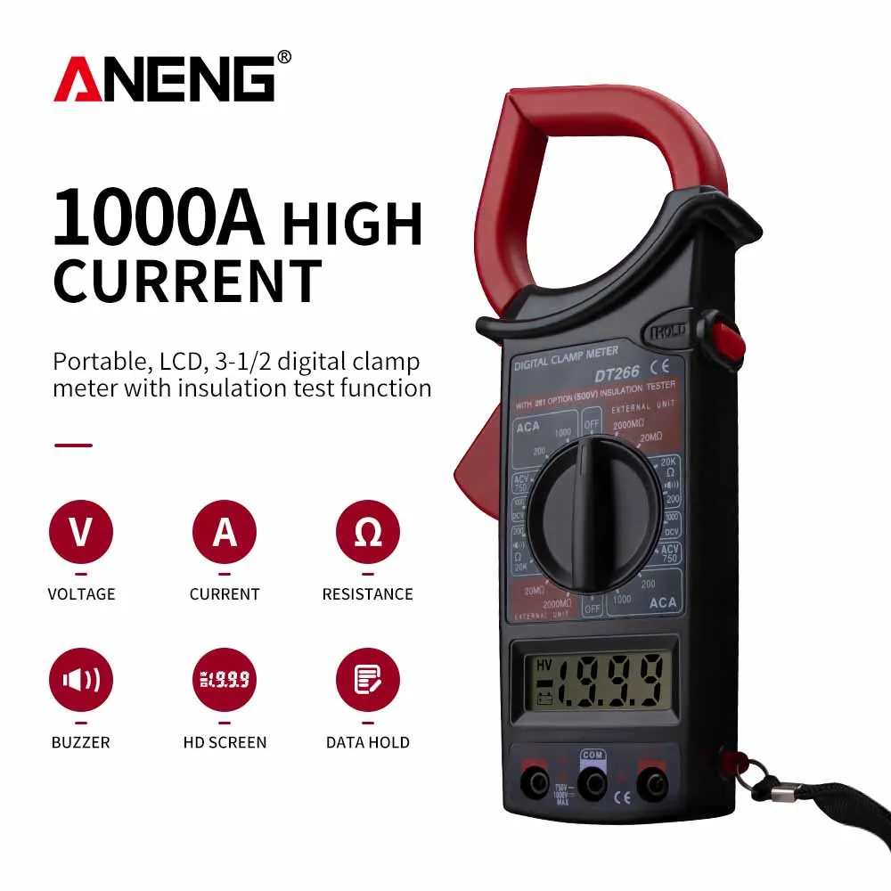 ANENG LCD 1999 카운트 디지털 트루 RMS 전문 클램프 계량기, ACDC 전류 전압 테스터, 데이터 쇼 자동 멀티미터 클램프, DT266