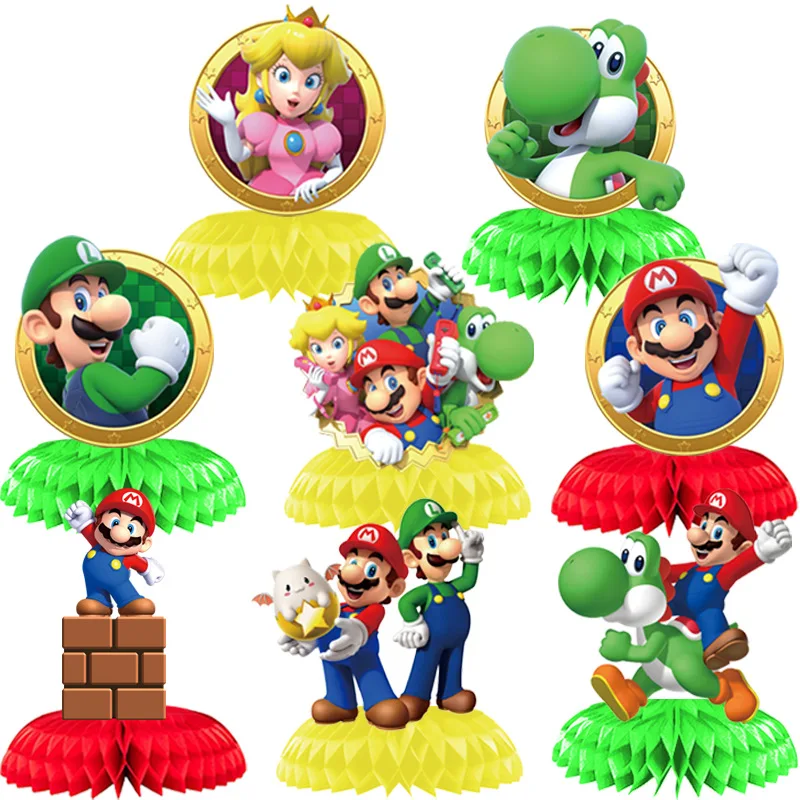 

7pcs Super Mario Bros. Daisy Luigi Gaming Honeycomb Ball Paper Fan Ornament Birthday Party Tabletop Decoration Supplies Gift