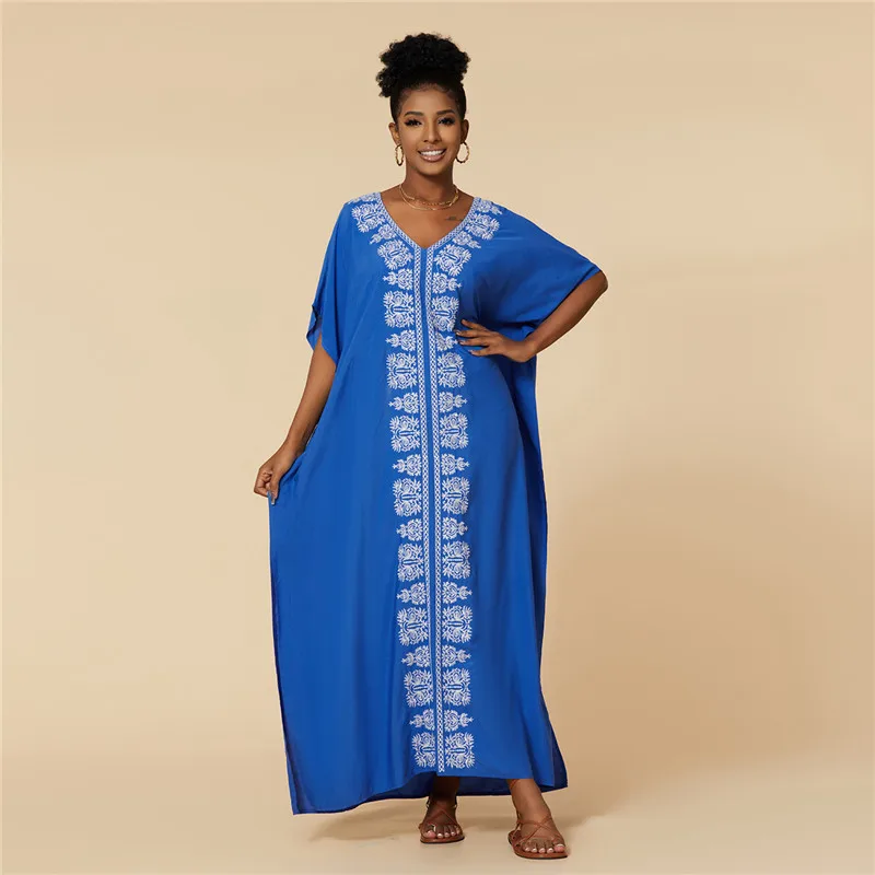 

Blue Embroidered Loose Kaftan Bikini Cover Up Casual Summer Beach Vacation Maxi Dress Women Beach Wear Swimsuit Cover Up