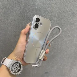 Glitter Aurora Glossy MagSafe Case with Lanyard and Full Lens Protection - iPhone 15 Plus (Silver)