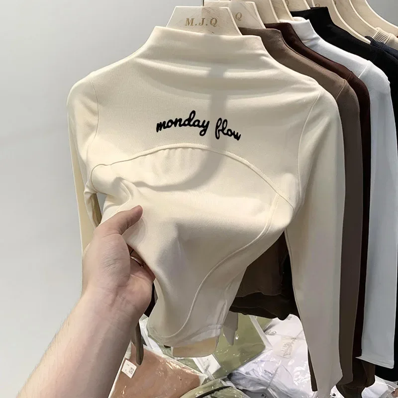 Mondayflow Tennis Shirt Women's Spring Style Simple Sports Outdoor Korean Style Golf Clothing High Neck Underwear Golf Wear