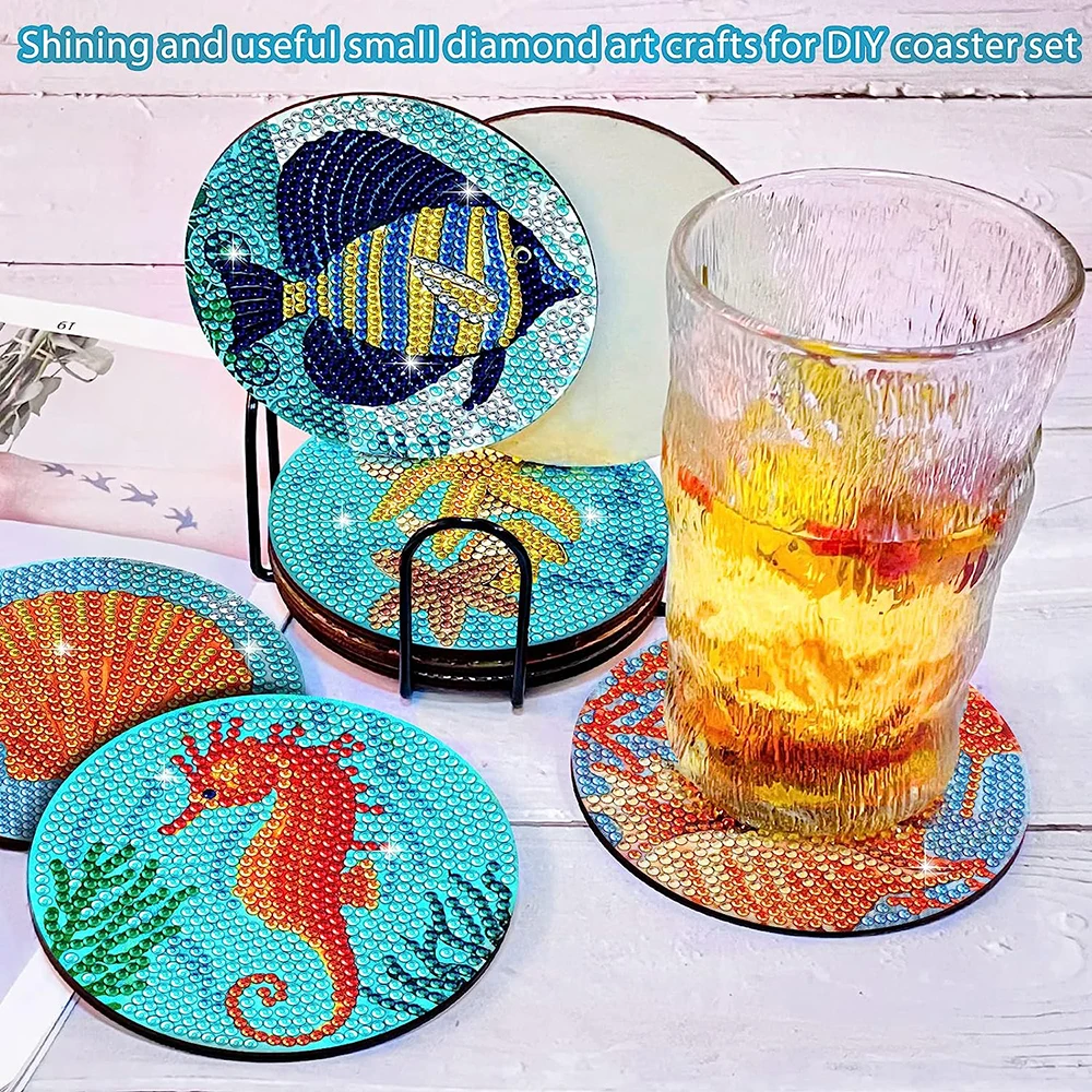 6/8PCS 5D Ocean Diamond Painting Coasters Diamond Art Kits for Adults Kids Cup Mat with Holder for Beach House Decor