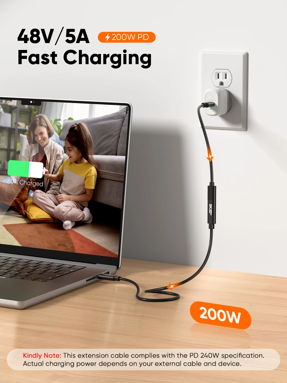 CableCreation 40Gbps USB4 연장 케이블 Type-C 수컷 암컷, 8K 4K@60Hz 영상 지원, 240W PD 고속 충전, 썬더볼트 4/3 USB4 3.2 호환 맥북 노트북 허브 도킹스테이