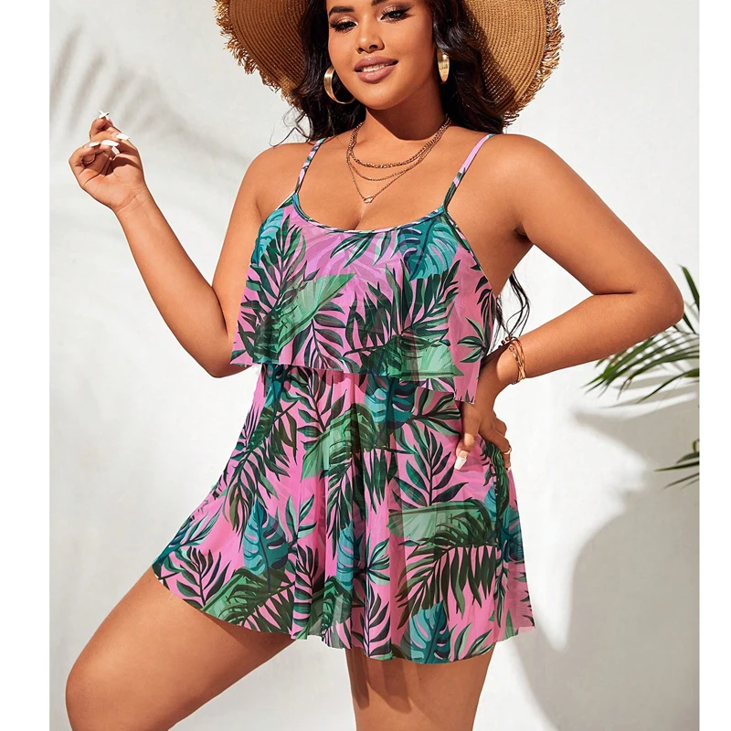 

2024 Women Ruffles Tankini Plus Size Swimwear Push Up Swimsuit Print Two Piece Swim Suit Cover Belly High Waist Bathing Suit