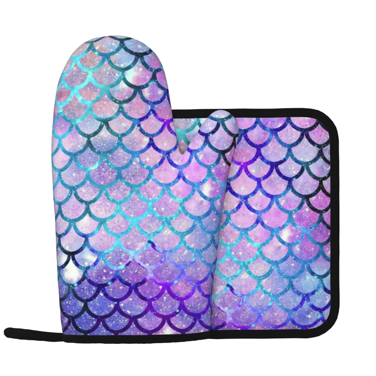 

Purple Shiny Mermaid Scales Oven Mitts and Pot Holders Set Non-Slip Heat Resistant Kitchen Glove and Pot Pad for Baking Grilling