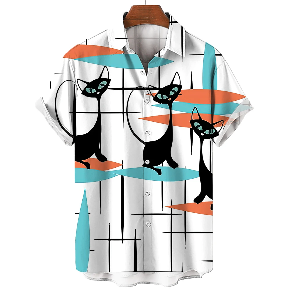Cat Hawaiian Shirt Mid Century Tees Printed Men's Shirt Hawaiian Vintage Casual Aliexpress