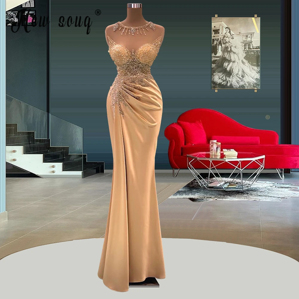 

Generous Champagne Mermaid Beaded Long Evening Dresses 2022 Elegant O Neck Pleat Side Slit Formal Prom Gowns Custom Made