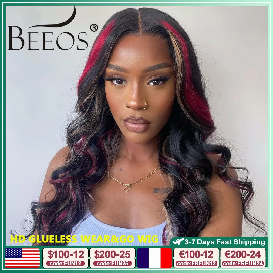 

Ombre Highlight Blonde Red Glueless 13x6 HD Lace Frontal Human Hair Wigs Ready To Wear Pre plucked 5x5 HD Closure Wig Body Wave