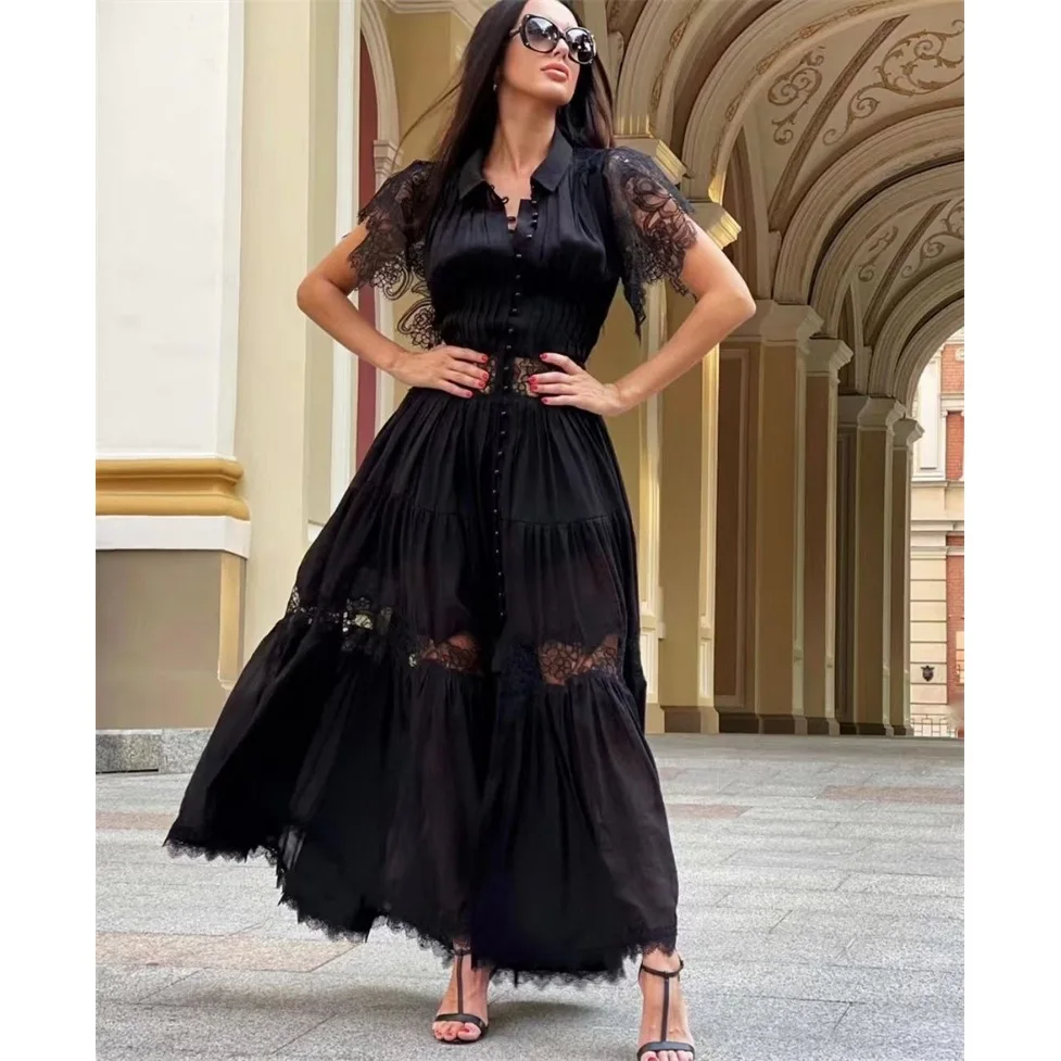 

Summer Women's Dress 2023 New Lace Stitching Hollowed Out Solid Color Elegant Wind Fashion Large Pendulum Dress Free Shipping