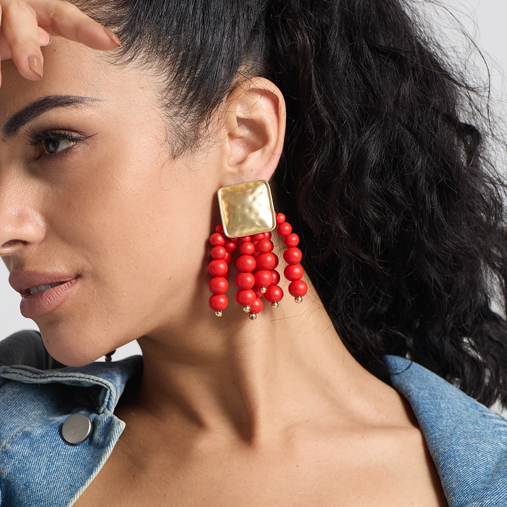 Long Wooden Earring HandMade Beaded Drop Earrings Bohemian Accessories Women's Jewelry