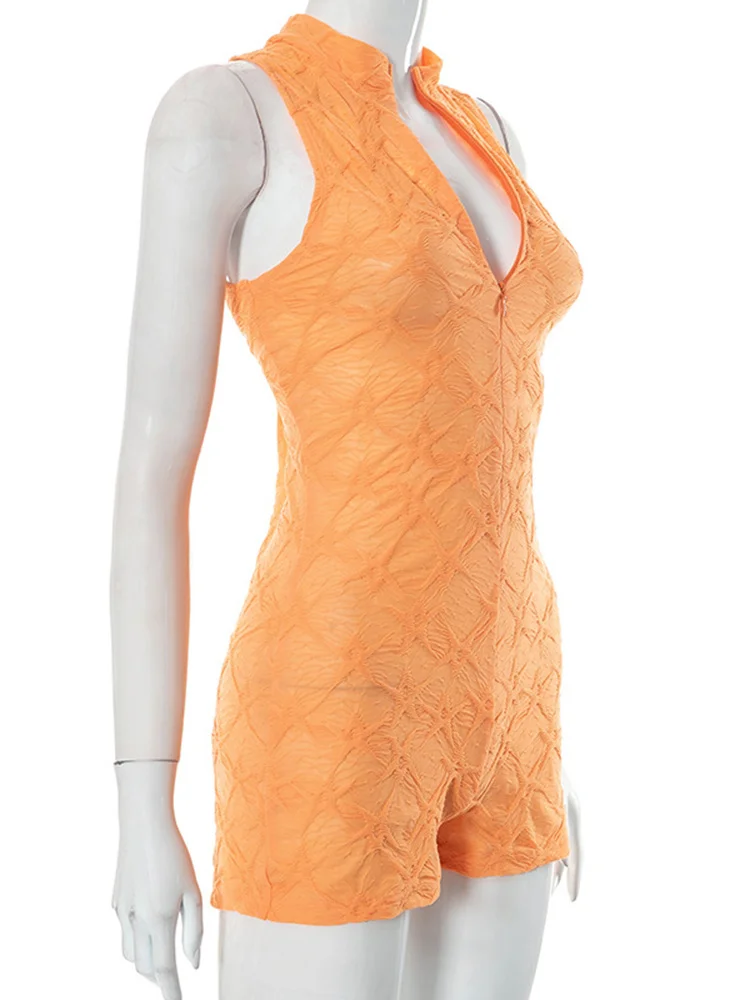 Sibybo Playsuit For Women Solid Color Jacquard Sleeveless Shorts Sexy Deep V Zipper Sports One-piece Shorts Summer Streetwear
