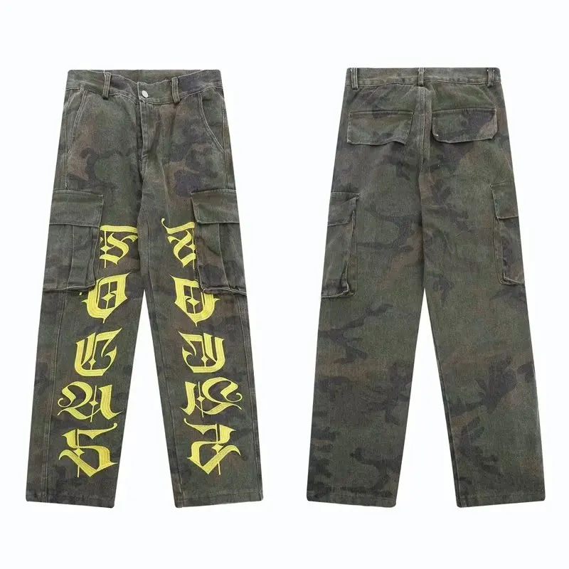 2023 Vibe Stil Brief Stickerei Camouflage Baggy Männer Cargo Hosen Gerade Hip Hop Lange Hosen Taktische Bekleidung Ropa Hombre – Detail 16
