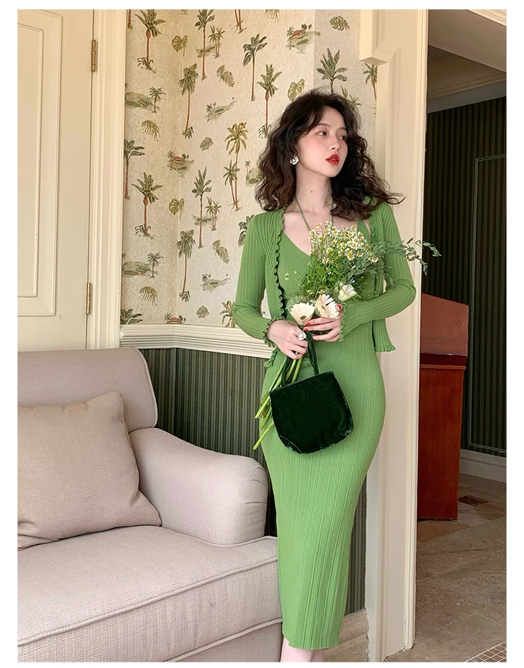 Vintage Chic Knitted 2-piece Dress Set Women Crop Cardigan V-neck Spaghetti Strap Bodycon Midi Dress Autumn New Female Clothing