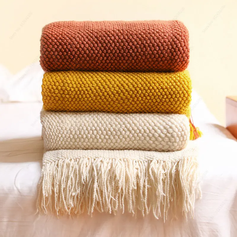 

Nordic Thickened Warm Knitted Blankets Corn Grain Waffle Embossed Winter Warm Throw Bedspread Tassels 130x240cm Home Decorative