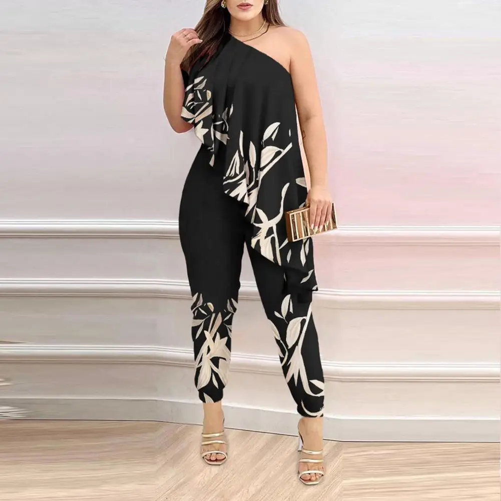 

Jumpsuit Elegant Leaf Print One Shoulder Jumpsuit for Women Slim Fit Backless Prom Ball Lady Long Jumpsuit Ladies Jumpsuit