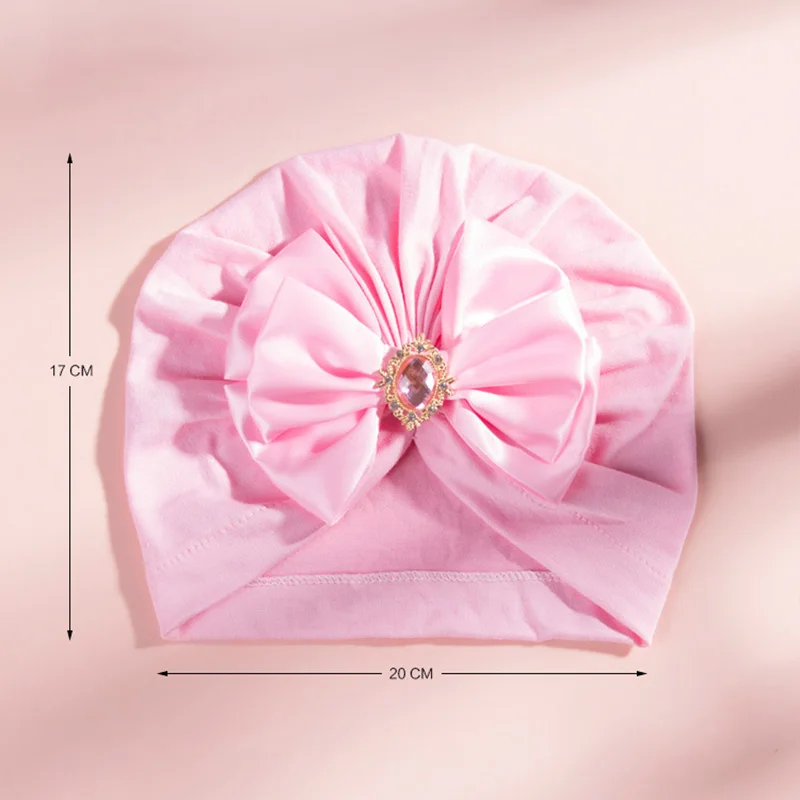 솔리드 컬러 베이비 터번 보우 블링 라인 석 비니 소녀 모자 패션 수제 리본 Bowknot 인도 모자 소프트 보닛 0-2Y