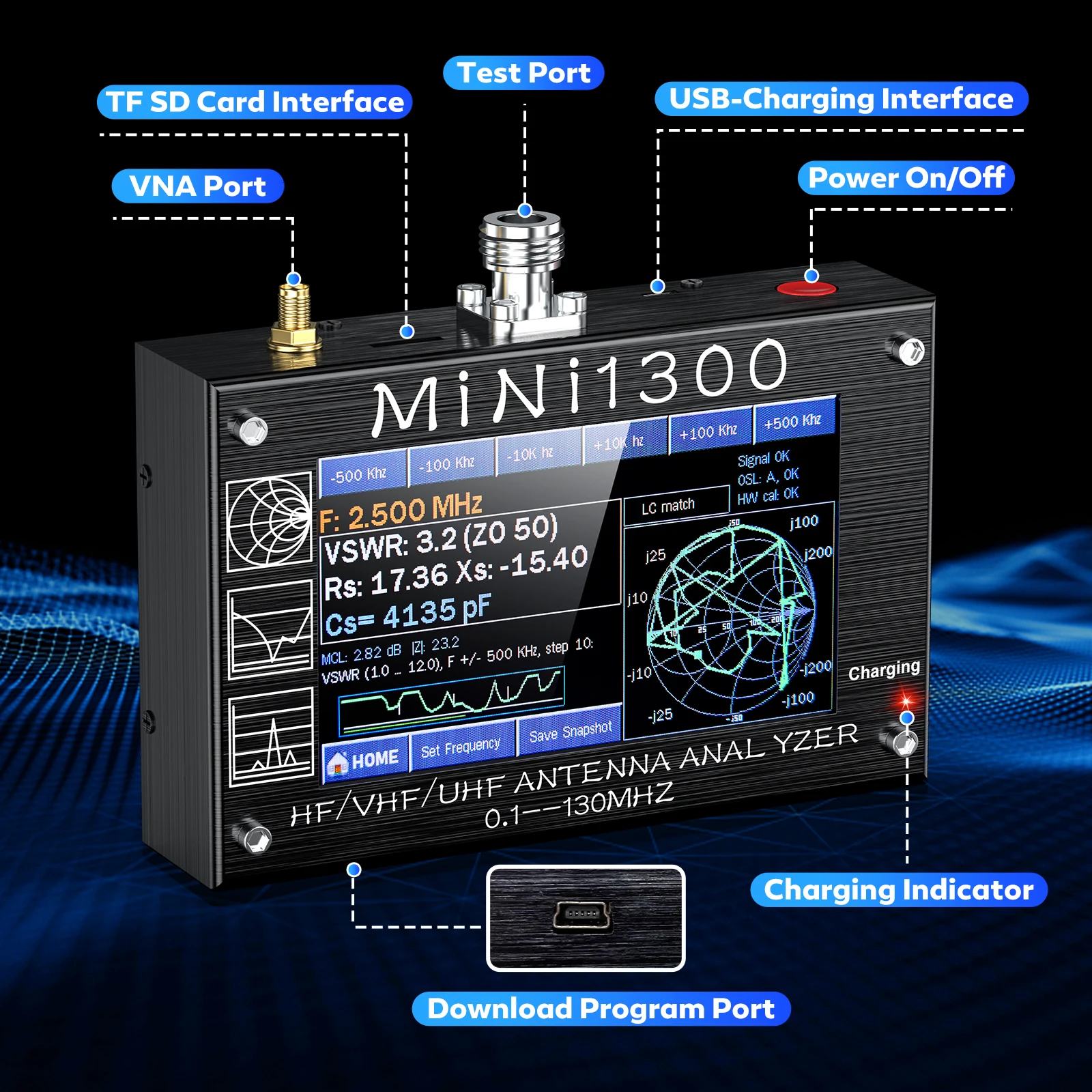 2024 Upgraded Mini1300 Antenna Analyzer 0.1Mhz~1300MHz with SMA Calibration Kits Vector Network Analyzer Multitester 2