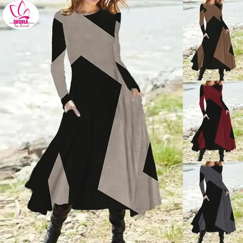 

SUSOLA Ethnic Style Vintage Dress Women Autumn Winter Long Sleeve Pocket Elegant Skirt Casual O-Neck Print Irregular Dress