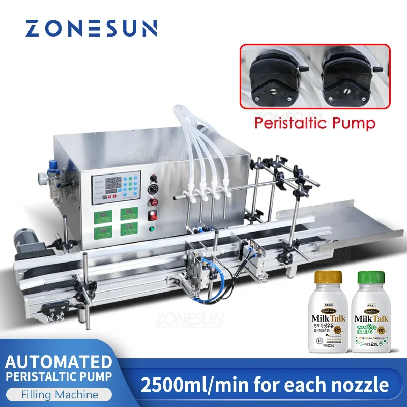 Desktop Automatic 4 Heads Peristaltic Pump Liquid Filling Machine With Conveyor for Perfume Water Filler ZONESUN ZS-DTPP4B