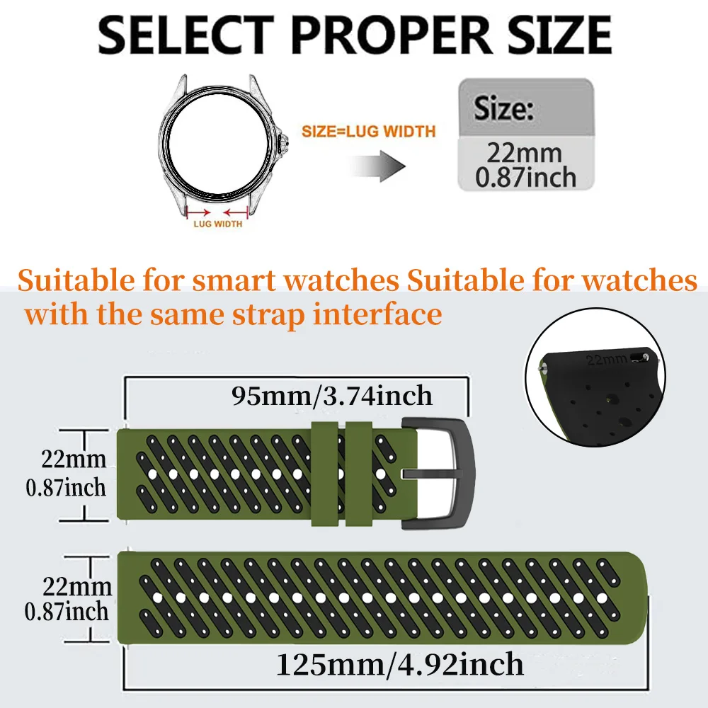 Premium 22mm Silicone Smartwatch Replacement Strap - Durable Wristband Bracelet
