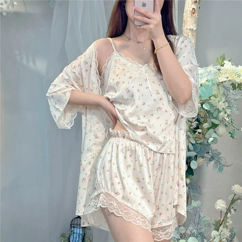 

Lisacmvpnel 3 Pcs Suit Sexy Pajamas Women's Summer Thin Ice Silk Satin Nightgown Suspender Shorts Lace Sleepwear