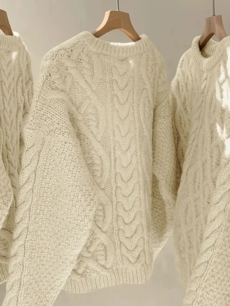 Japanese Retro Korean Off White Fried Dough Twists Sweater Women Thickened Outer Loose Lazy Style Thin Wool Knitting Top Female 4