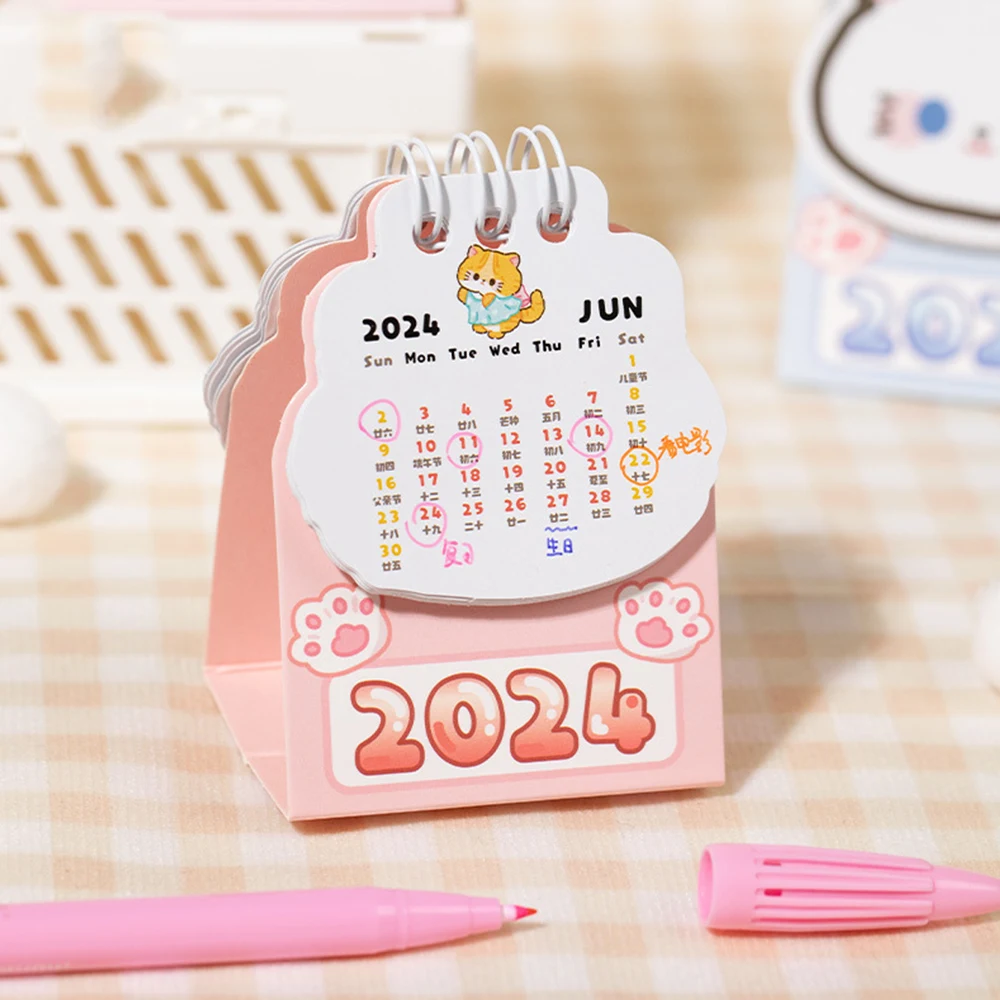 2024 Year Mini Cartoon Calendar Cat Series Calendar Cute Desktop Decorations Portable Record Book Cute Office Supplies Wholesale