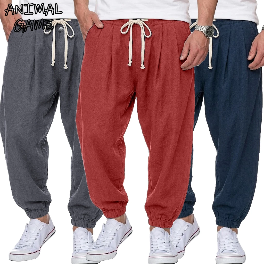 남성 코튼 린넨 바지 한국식 체육관 바지 남성 캐주얼 헐렁한 바지 가을 느슨한 하렘 바지 봄 드로스트링 스트리트웨어 남성