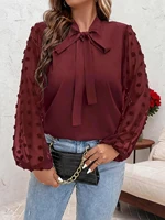 Plus Size Spring Autumn Women Elegant Bow Tie Neck Shirt Office Lady Fashion Solid Curve Clothing Casual Long Sleeve Tops - Image 5