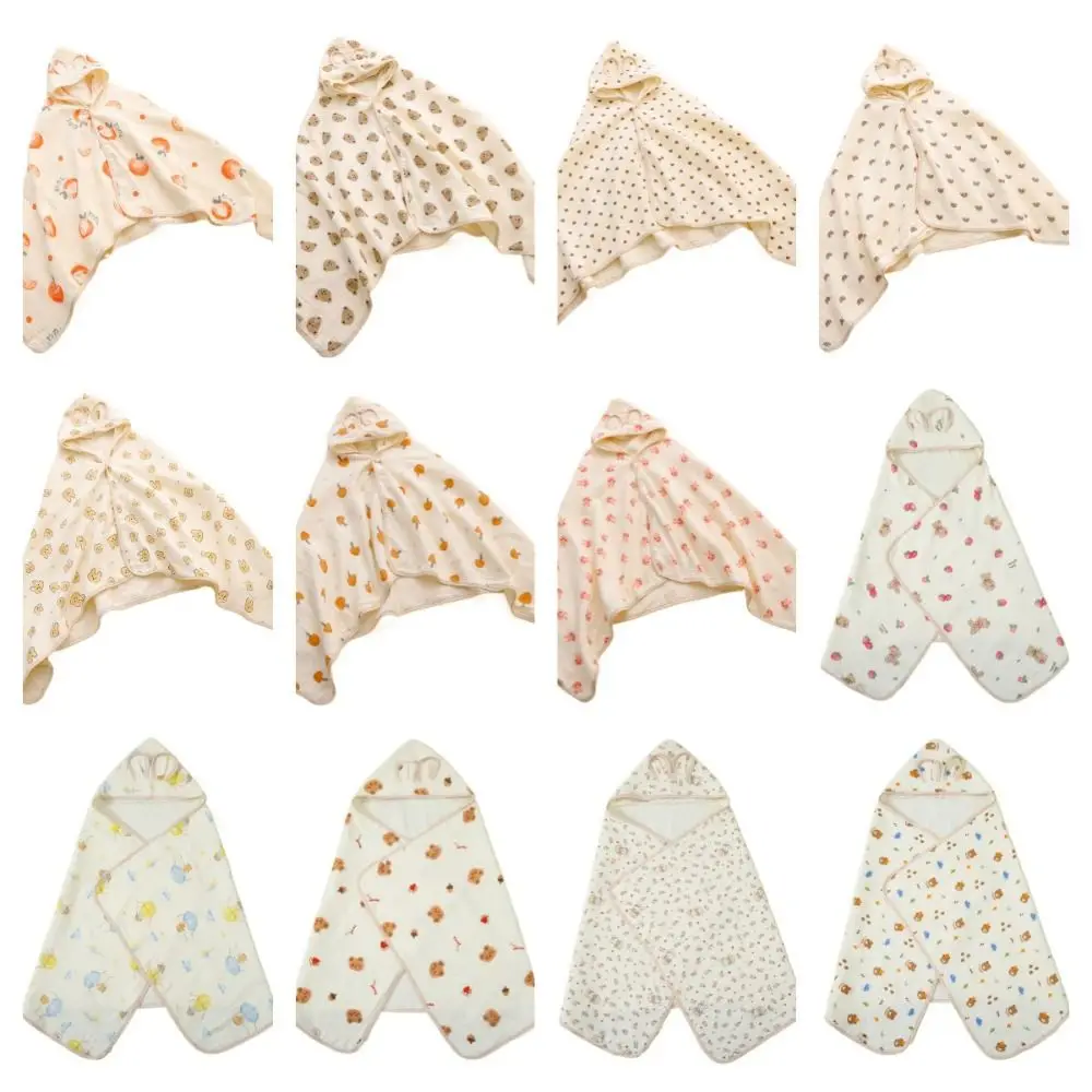 Bear Printed Infant Hooded Towel Wrap Blanket Soft Texture Cloak Baby Swaddle Cloth Single Layer Breathable Material