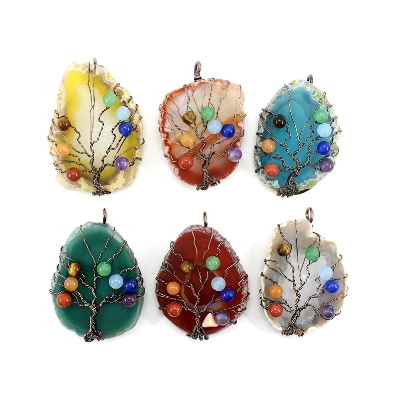 Natural Stone Pendant 7 Chakra Irregular Agate Tree Of Life Copper Wire Wrap For Jewelry Making Women Men Necklace Accessories