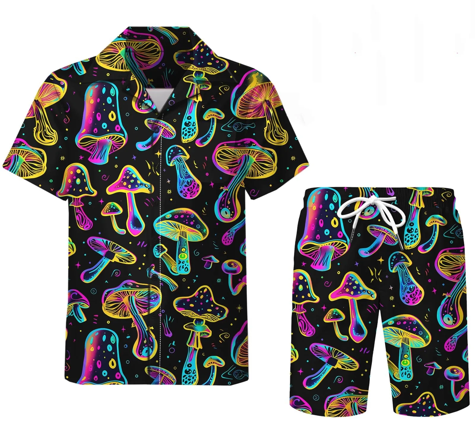 thumbnail image 2 of Conjunto de 2 piezas para hombre, estilo retro de los años 80 y 90, con estampado de setas mágicas psicodélicas, camisa 3D informal, pantalones cortos de playa de gran tamaño, estilo hawaiano para vac, 2 of 5