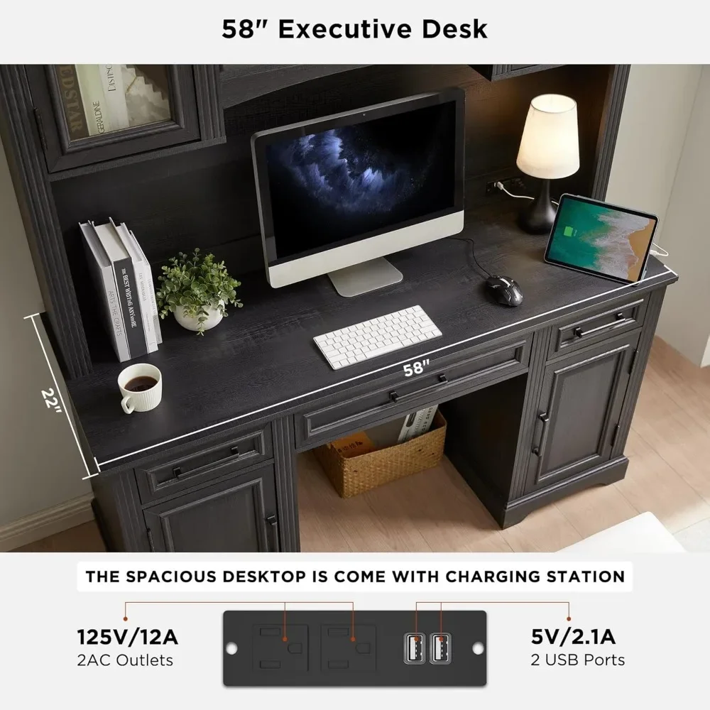 Farmhouse 76" Height Computer Desk with Hutch, Office Desk with Charging Station, Drawers and Storage Cabinet, Workstation for