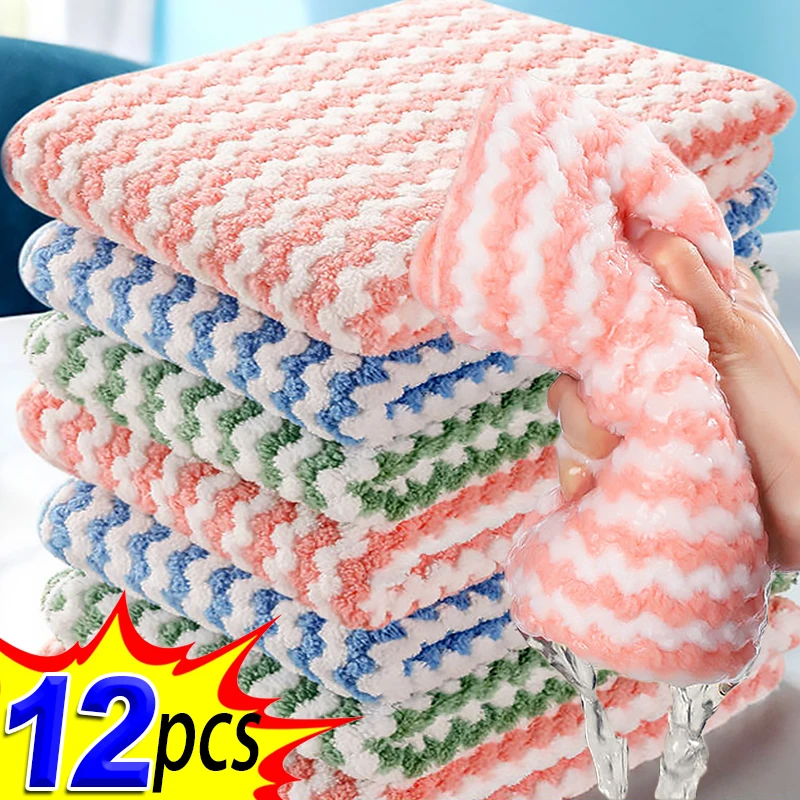 

12/1pcs Coral Fleece Dishcloths Super Absorbent Cleaning Cloths Scouring Pads Kitchen Washing Dish Rags Glass Windows Wipe Towel