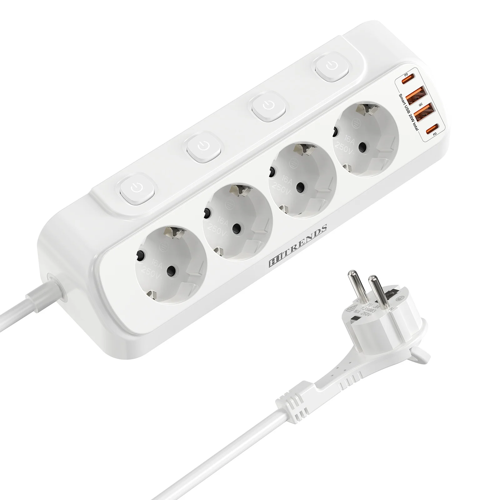 EU Plug Multi-Function Power Board with Fast Charging Ports and Extension Cord - White