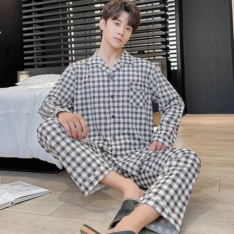 2024 New Pure Cotton Pajamas Men's Autumn Winter Sleepwear Long Sleeved Cotton Thin Loungewear Plaid Oversized Homewear Set