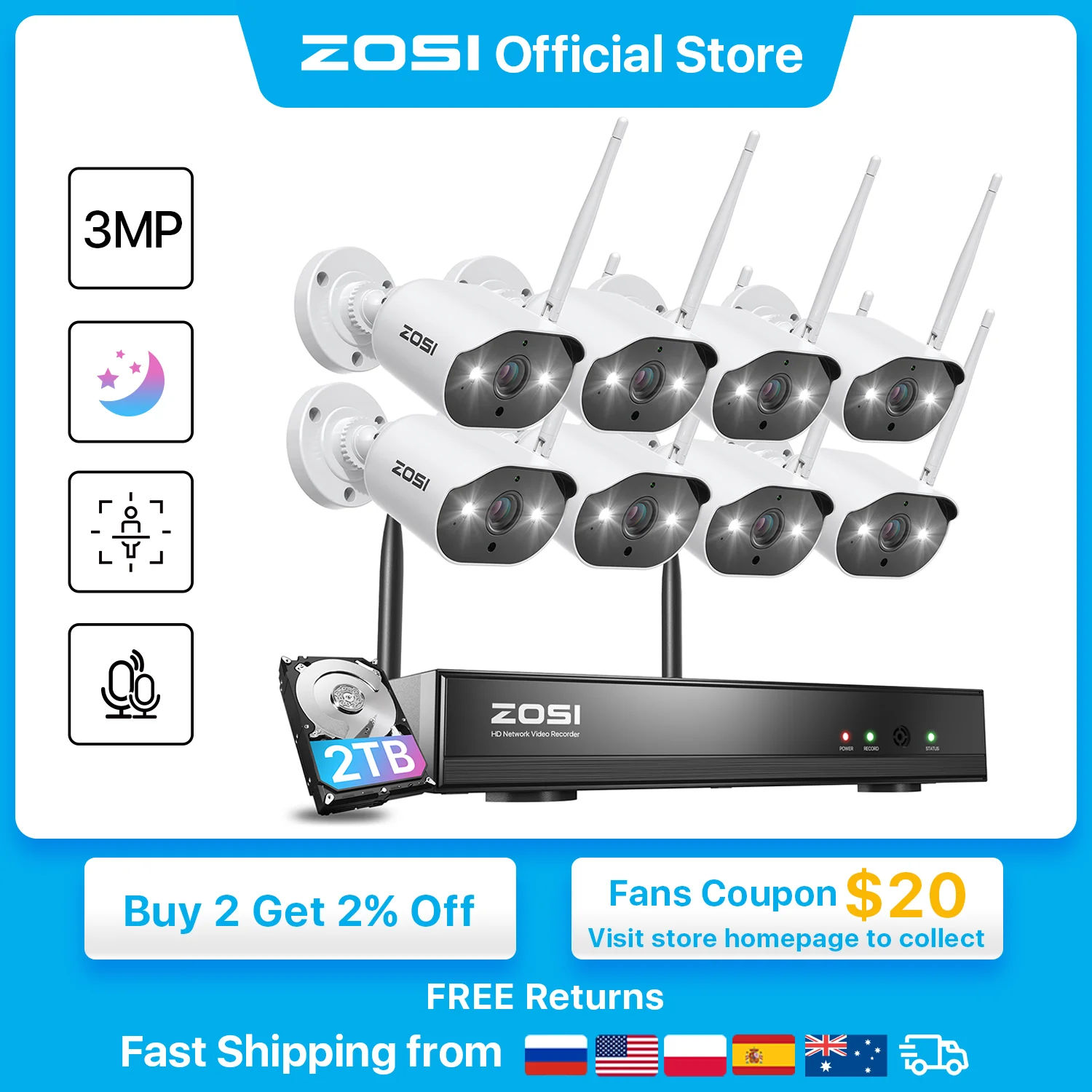 ZOSI WiFi Security Camera System Smart Outdoor Camera 8CH 2K H265+ Wifi NVR 3MP Outdoor Waterproof CCTV Camera Wireless Surveillance System