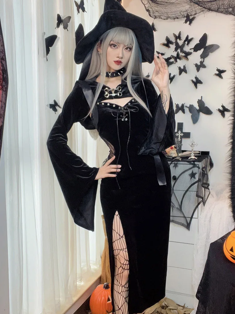 

New Women Autumn Halloween Velvet Dress Set Gothic Long Sleeve Hooded Cover Up Crop Top Sheath High Slit Dress Sexy 2pcs Set