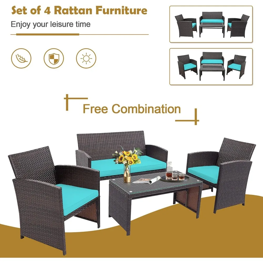 4 Pieces Wicker Patio Furniture Set, Outdoor PE Rattan Conversation Set with Chairs,Loveseat, Coffee Table,Cushions for Poolside 3
