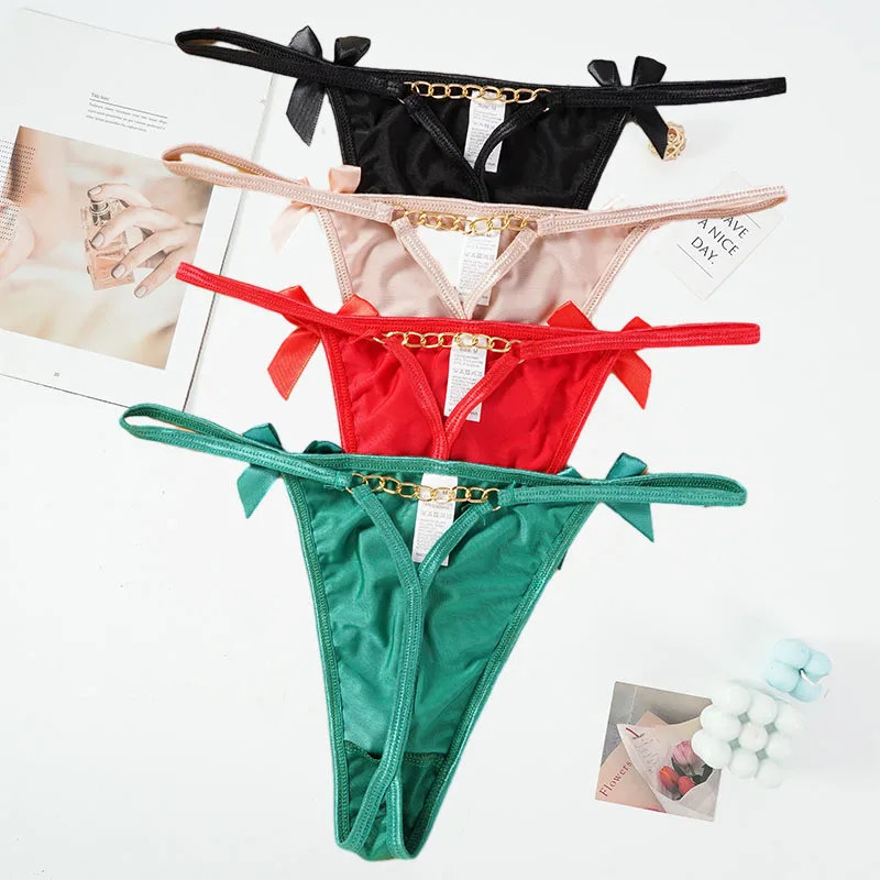 

Hot Ice Silk Sexy Panties Metal Chain Briefs Thongs Women's Underwear Seamless Solid Color Bow Women G-string Female Lingere