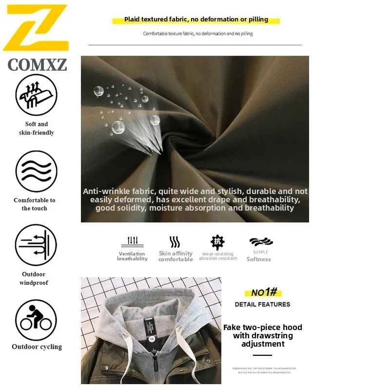 COMXZ Men Hooded Two-Layer Jacket Spring Autumn Hong Kong Style Waterproof Windbreaker Casual Streetwear Loose Fit Outdoor Coat