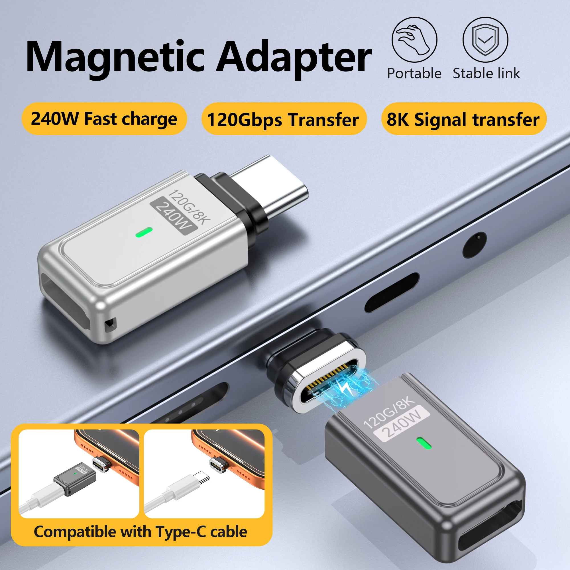 Magnetic USB-C Adapter - High-Speed 240W Charging & 120Gbps Data Transfer with 8K Video Support