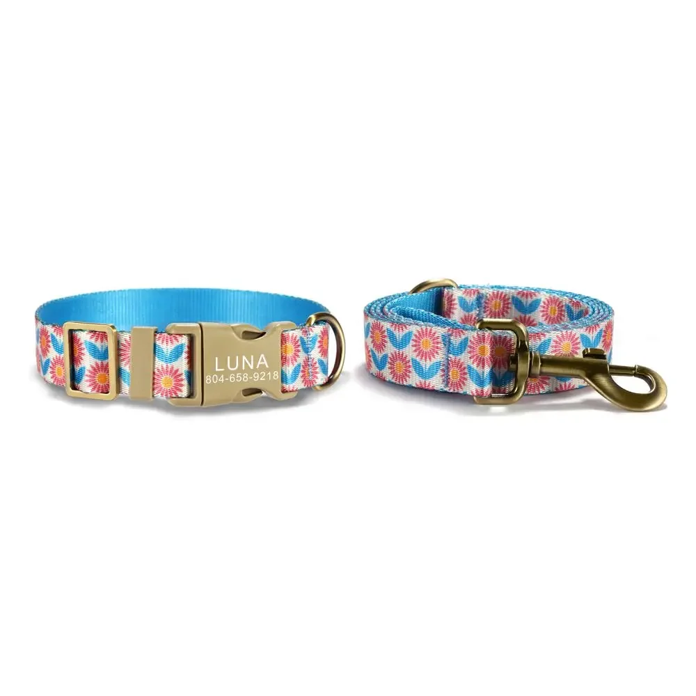 

Personalized Pet Collar Customized Nameplate ID Adjustable Pink Chrysanthemum Soft Fiber Cat Dog Collars Lead Leash