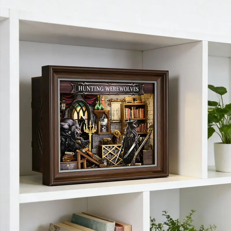 고딕 스타일 늑대인간 사냥꾼 북누키 키트 DIY 3D 나무 퍼즐 책받침 홈 도서관 장식 창의적 선물