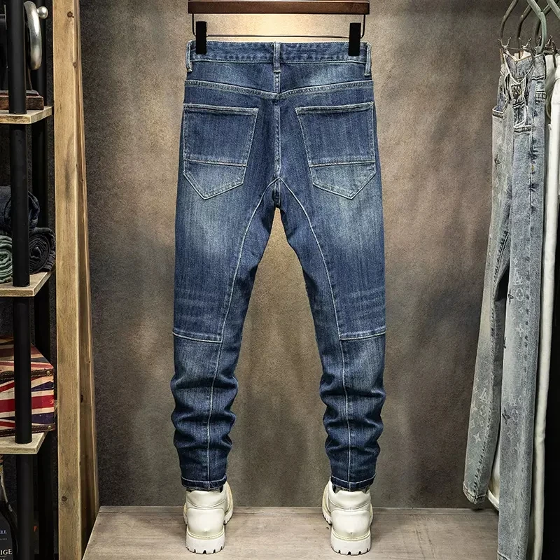 High Street Fashion Men Jeans Retro Blue Stretch Elastic Skinny Fit Ripped Jeans Men Patched Designer Hip Hop Denim Biker Pants