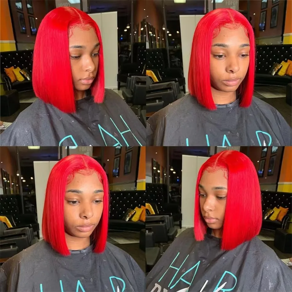 Double Drawn Red Straight Short Bob Wigs Human Hair For Women 13x4 Lace Front Wig Pre Plucked Red Bob Wigs 10 12 14 Inches