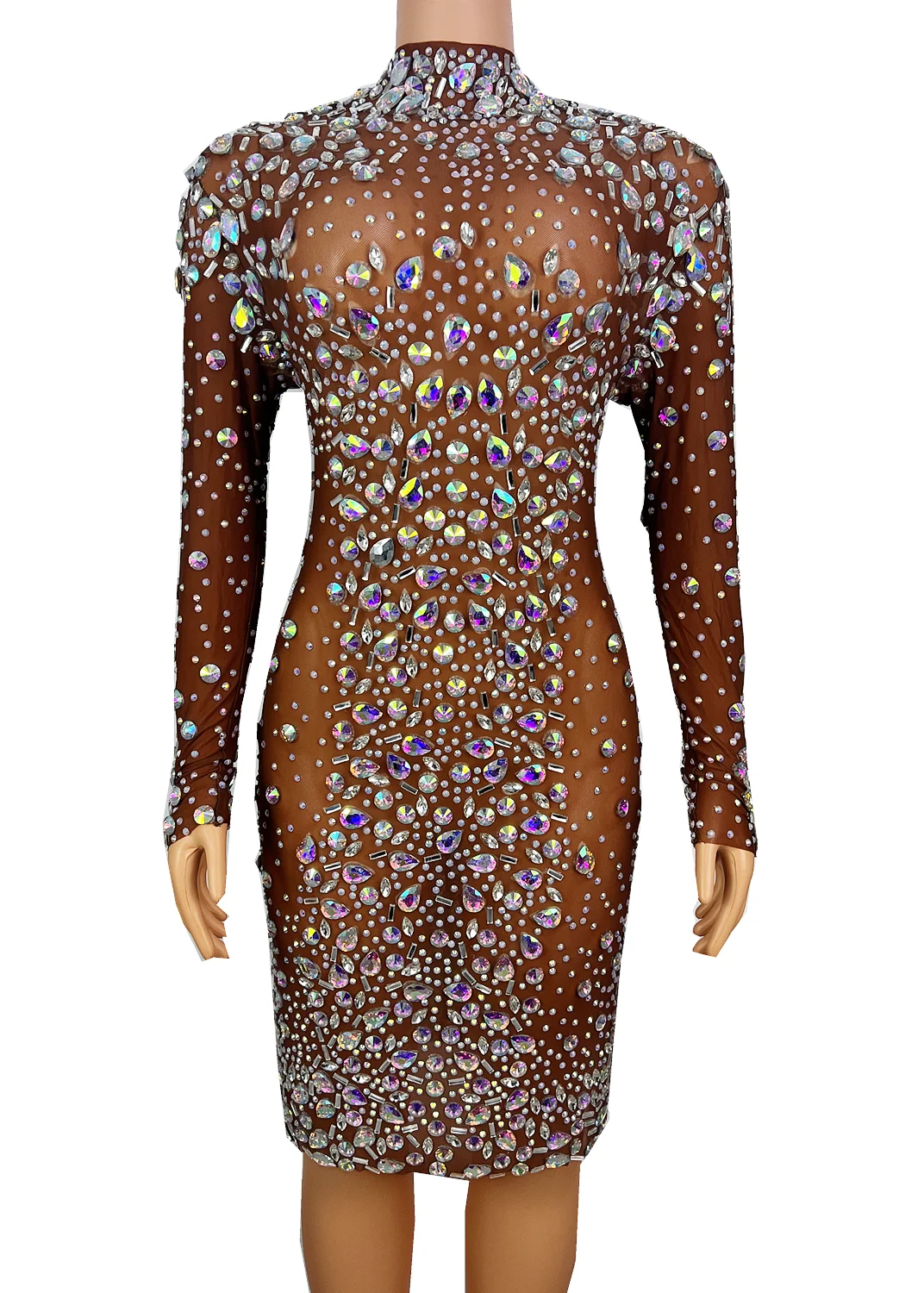 

Flashing AB Big Stones Long Sleeves Dress Tan Color Mesh Birthday Prom Celebrate Crystals Dresses Nightclub Evening Clothing