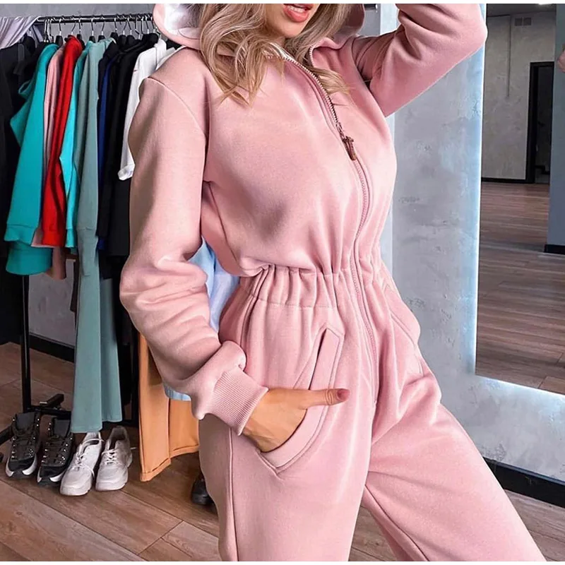 plus size pant suits Women Casual Solid Zipper Tight Jumpsuits One Piece Sets 2022 Spring Female Fashion Slim Hoodie Elastic Pencil Pant Tracksuits plus size sweat suits